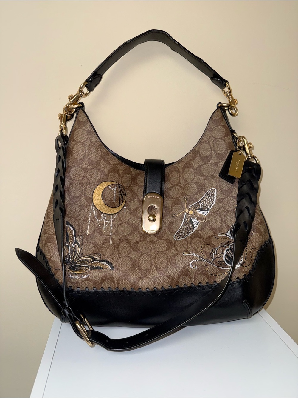 Coach Chelsea Champlain Amber Hobo Shoulder Bag Signature C & Black Leather Trim - Picture 13 of 16